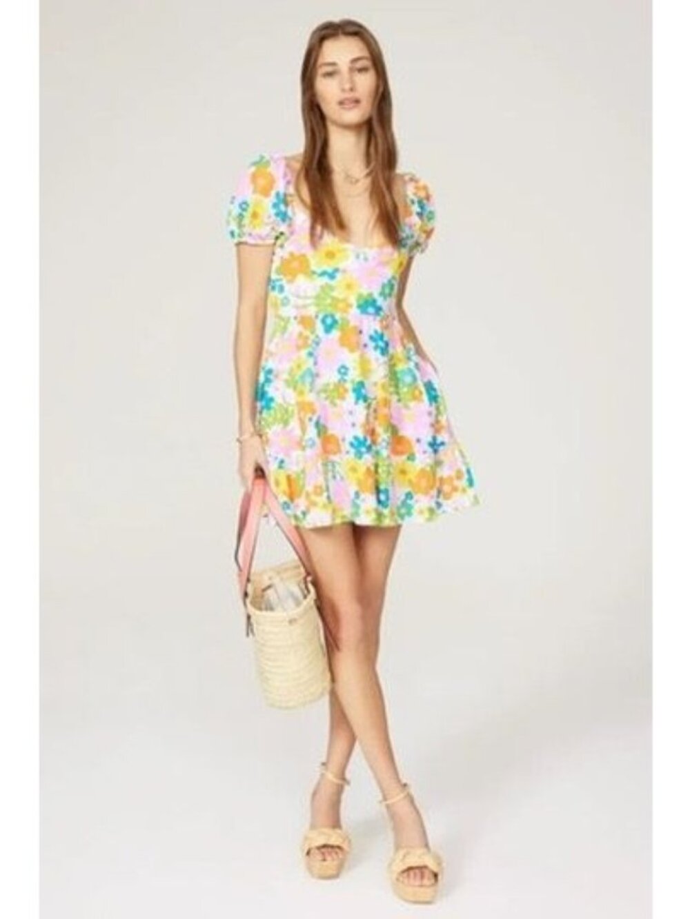 Show Me Your Mumu XS floral cathy mini dress linen tie back fit and flare